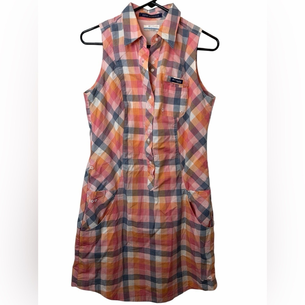 Columbia Super Bonehead Pink Orange Plaid Sleeveless Pocket Shift Dress